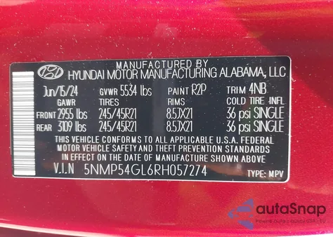 2024 Hyundai Santa Fe Calligraphy из США, поврежденный, VIN 5NMP54GL6RH057274